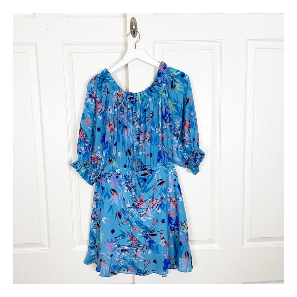 Saloni Grace Floral Blue Bell Off Shoulder Silk Dress Sz 10 - Picture 2 of 11